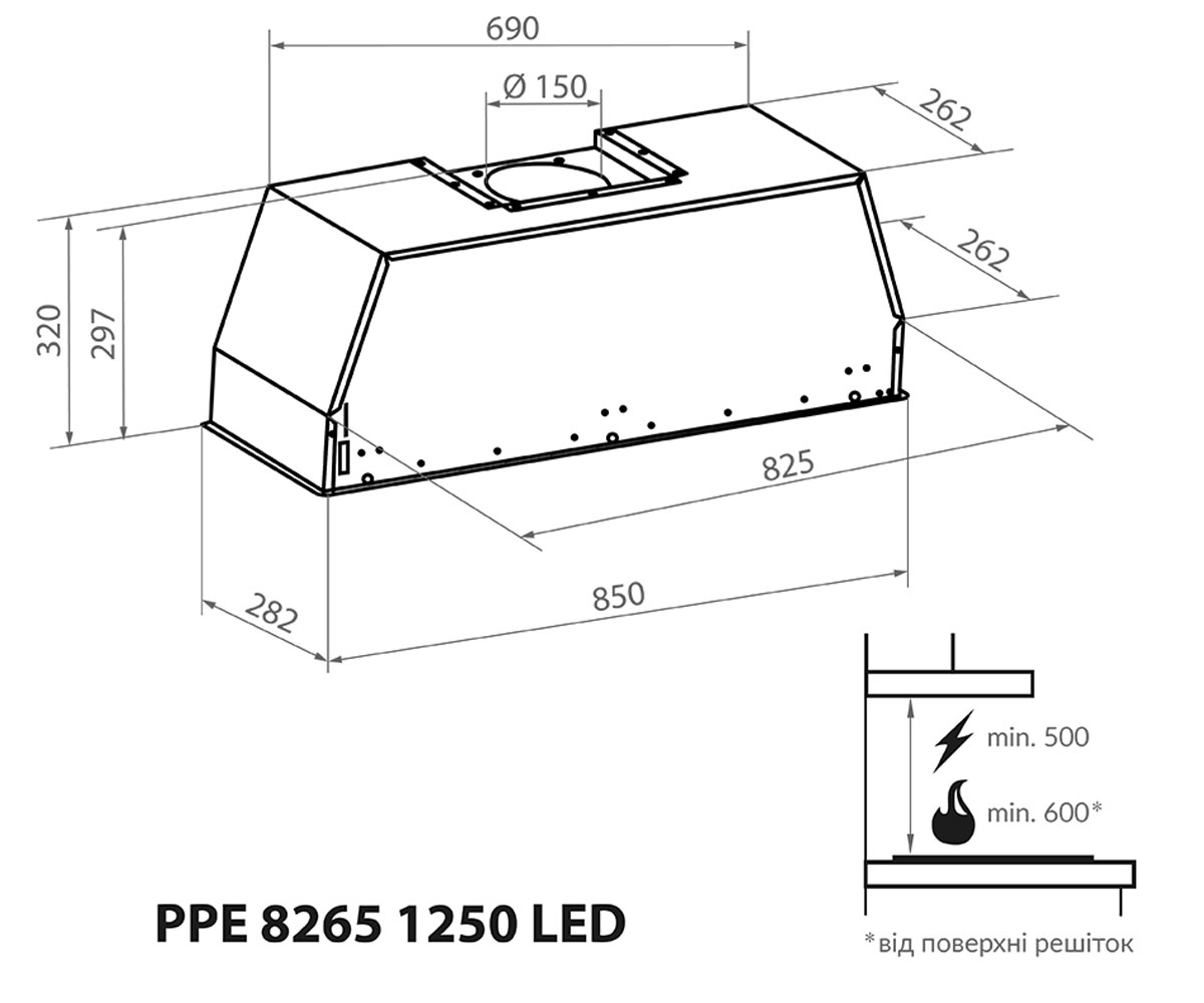 Полновстраиваемая вытяжка  PPE 8265 SS 1250 LED:Чертеж 