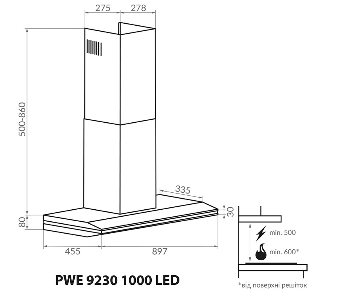 Пристенная вытяжка  PWE 9230 SS 1000 LED:Чертеж 