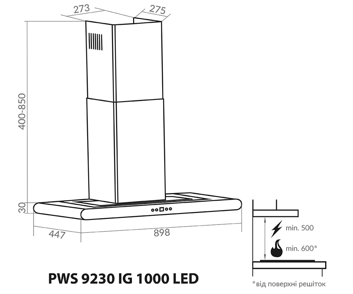Кухонная вытяжка  PWS 9230 IG 1000 LED:Чертеж 