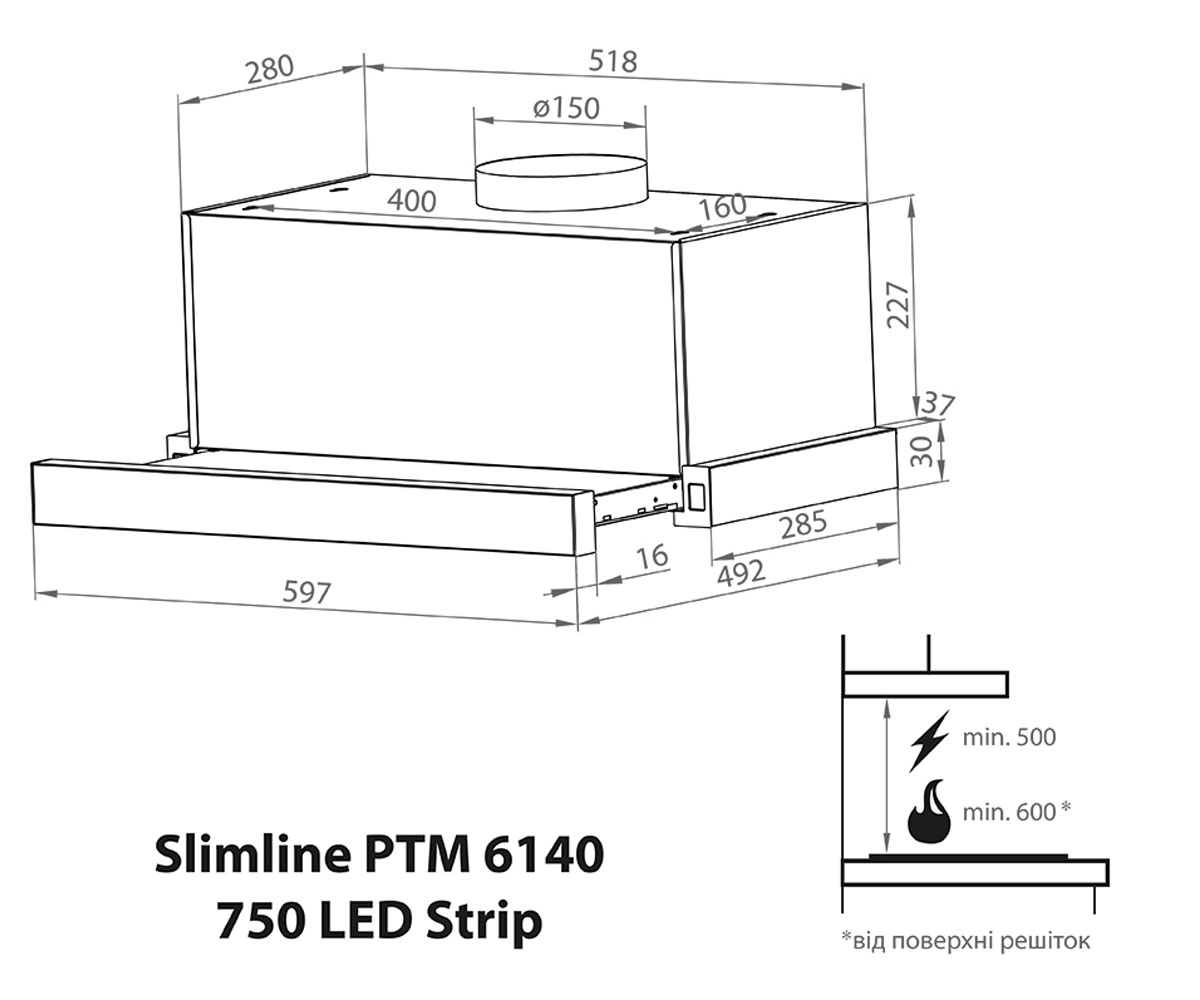 Телескопическая вытяжка  SLIMLINE PTM 6140 SS 750 LED STRIP:Чертеж 