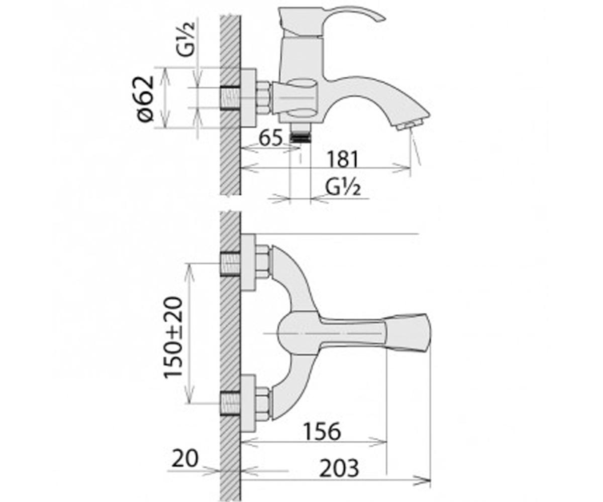 Смеситель для ванны  ODELIA BE23202RC-H21155-CN1303:Чертеж 